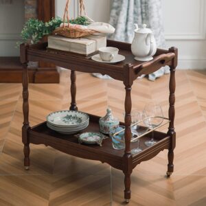 عربة تقديم خشبية ريفية دورين مع حاجز زجاجات وعجلات لتقديم القهوة والشاي