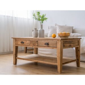 طاولة وسط قهوة خشب طبيعي مع 4 ادراج ورف سفلي للمجالس