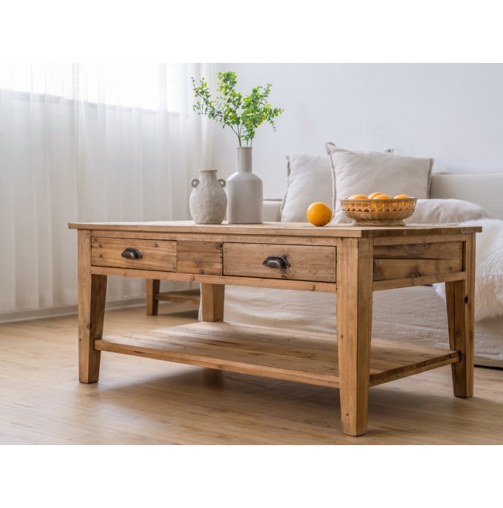 طاولة وسط قهوة خشب طبيعي مع 4 ادراج ورف سفلي للمجالس