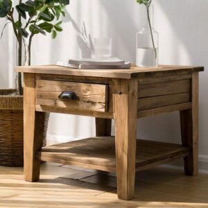 طاولة خدمة جانبية خشب طبيعي ريفي مع درج بمقبض ذهبي معتق ورف سفلي