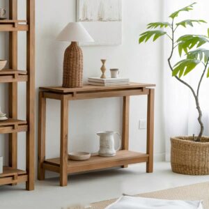 كونسول مدخل خشب طبيعي مودرن بتصميم سطح عائم ورف سفلي للتخزين