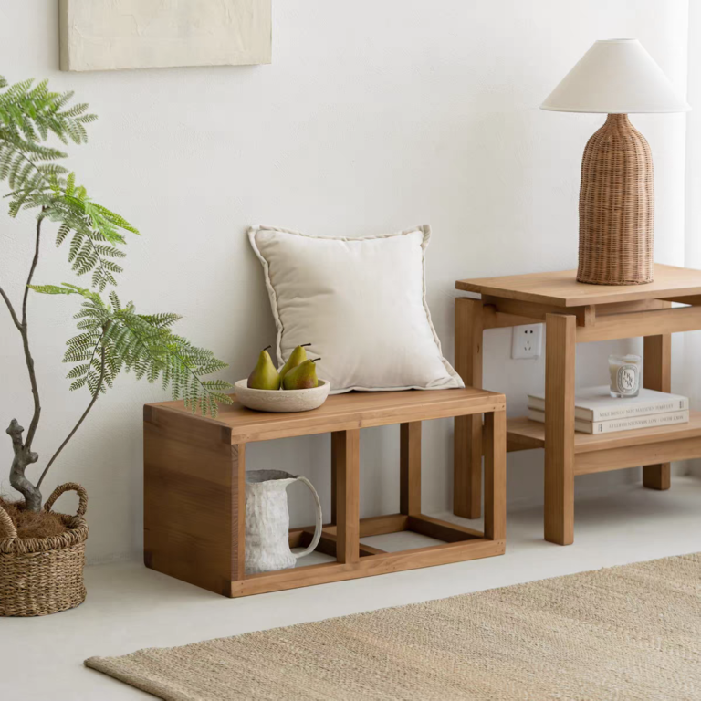 طاولة خدمة وبنش احذية خشب طبيعي مودرن متعددة الاستخدامات للمداخل