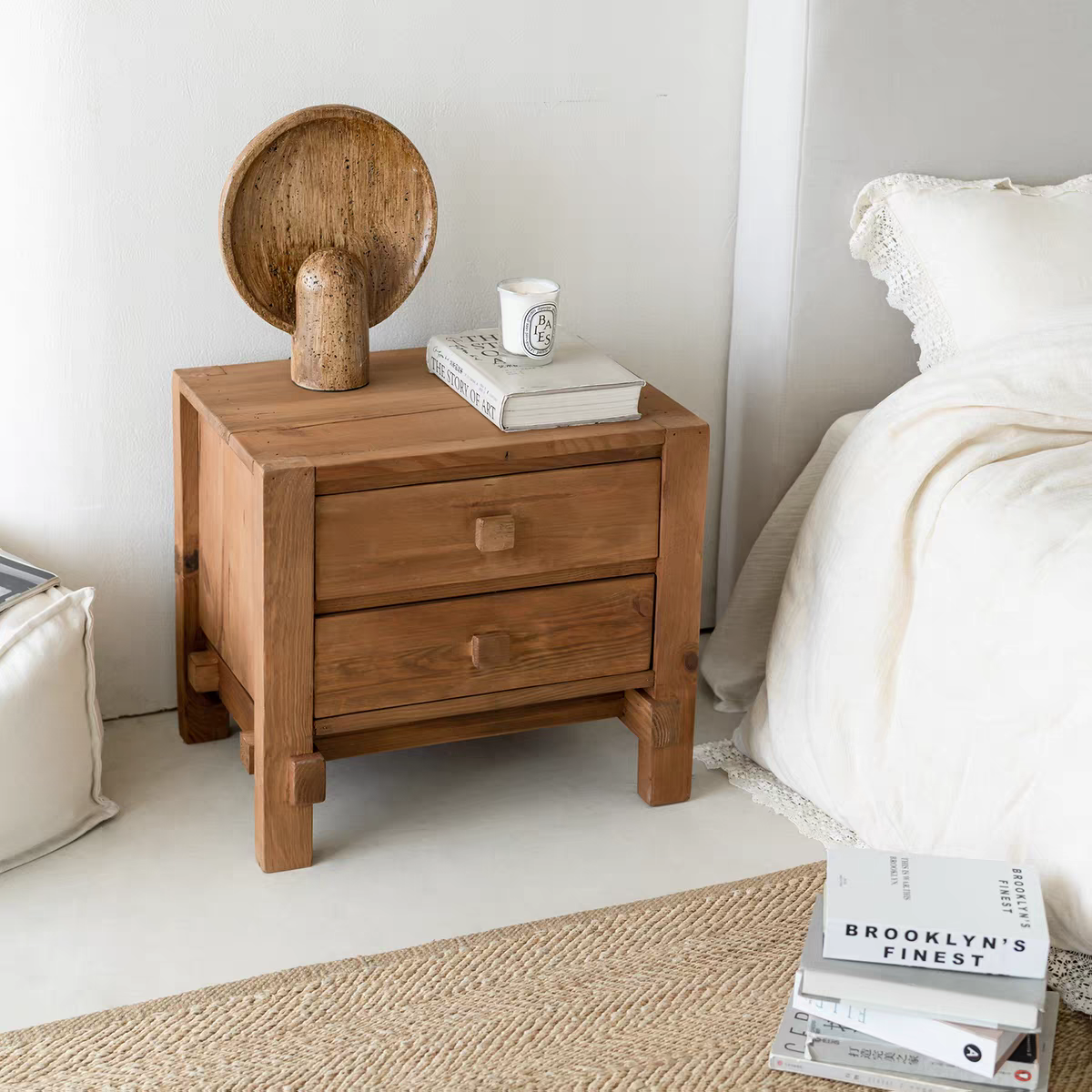 كومدينة سرير خشب طبيعي مودرن درجين تخزين لغرفة النوم