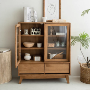 دولاب تخزين وعرض خشب طبيعي ببابين زجاج ودرجين لغرفة المعيشة