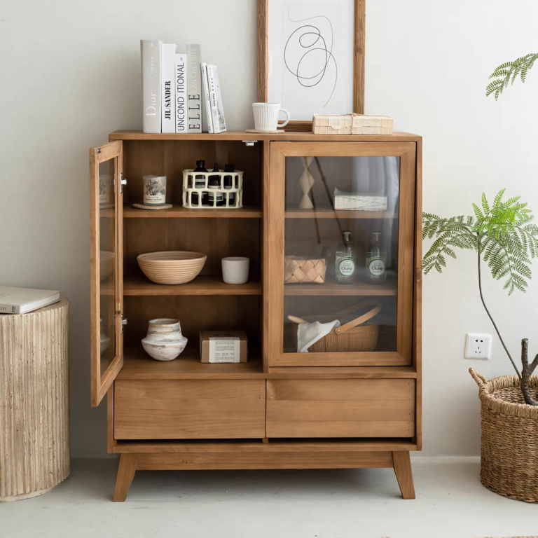 دولاب تخزين وعرض خشب طبيعي ببابين زجاج ودرجين لغرفة المعيشة