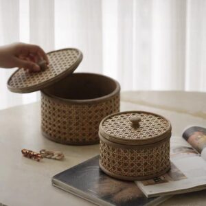 طقم علب خشب وراتان طبيعي دائري لحفظ البخور والعود والهدايا