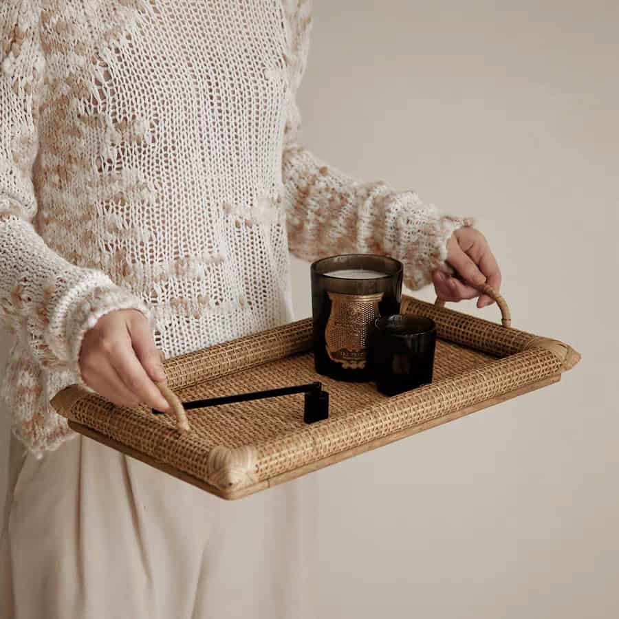 صينية تقديم مستطيلة مصنوعة يدوياً من الراتان الطبيعي لتنسيق الطاولات والضيافة