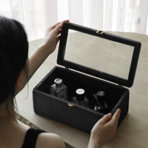 طقم صناديق تخزين خشب وراتان طبيعي مع غطاء زجاجي لعرض العطور والمجوهرات