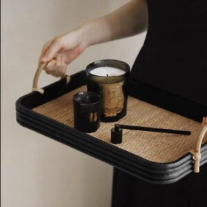 صينية تقديم مستطيلة خشب اسود وراتان طبيعي مع مقابض عالية للضيافة