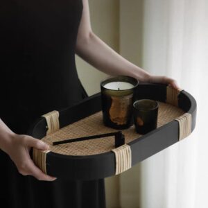 صينية تقديم خشب اسود وراتان طبيعي بيضاوية الشكل للديكور والضيافة