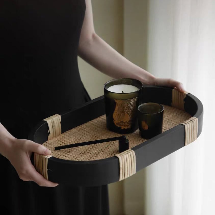 صينية تقديم خشب اسود وراتان طبيعي بيضاوية الشكل للديكور والضيافة