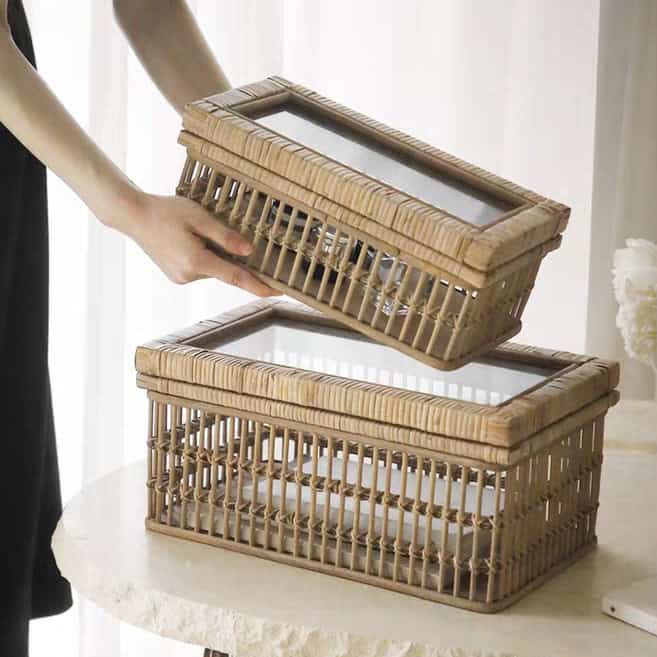 طقم صناديق خيزران وراتان لون طبيعي بيج كبير بغطاء زجاجي