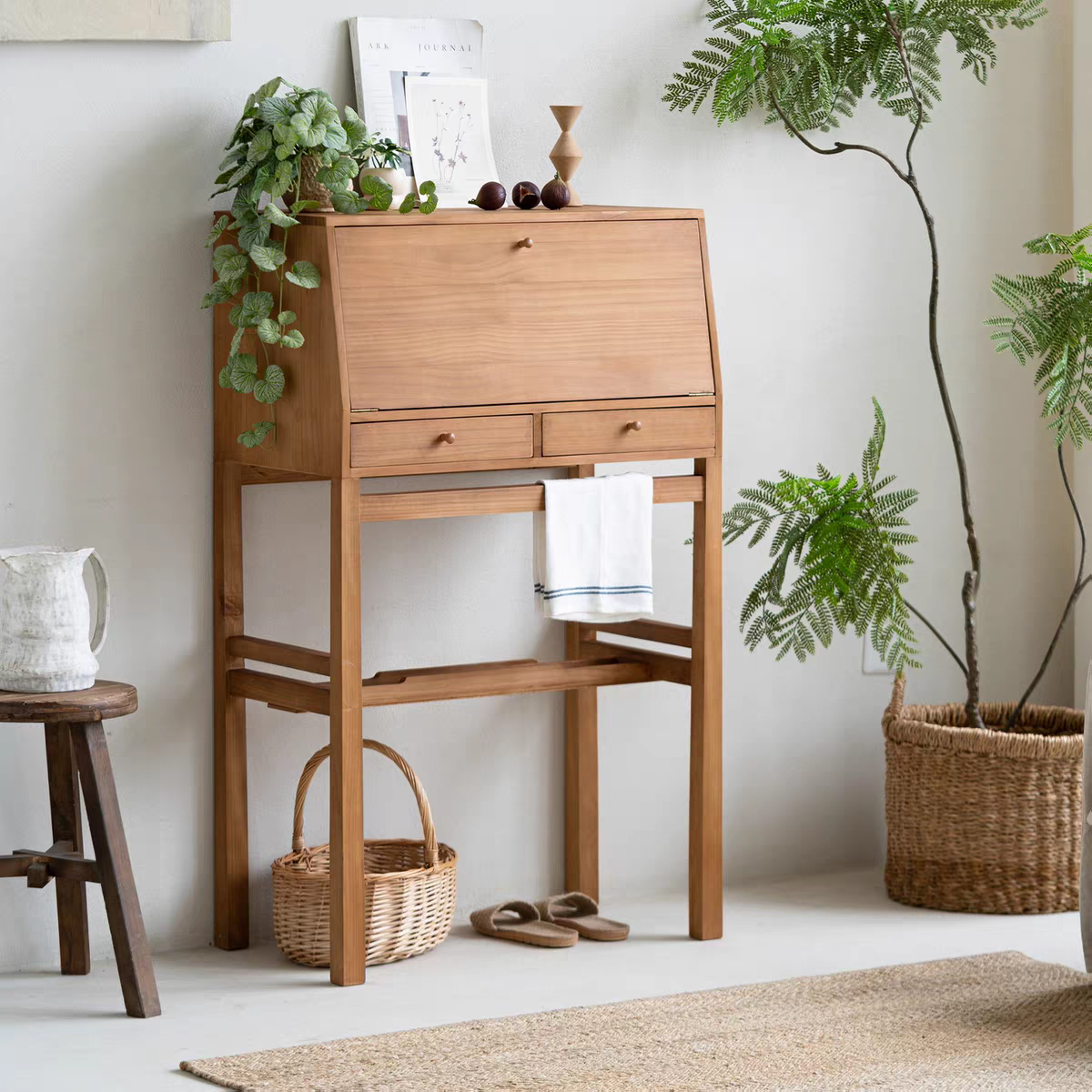 دولاب ومكتب سكرتارية خشب صنوبر مودرن باب قلاب وادراج للمساحات الصغيرة