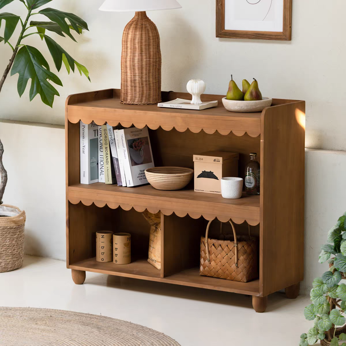 كونسول مدخل خشب طبيعي تصميم حواف مموجة ورفين تخزين كتب واحذية