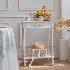 طاولة خدمة جانبية طراز فرنسي لون ابيض واسود مع درج مزخرف ورف سفلي