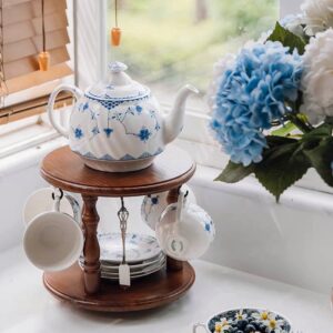 حامل شاي دوار خشب صلب دورين يحمل ابريق واكواب وصحون بتصميم فرنسي