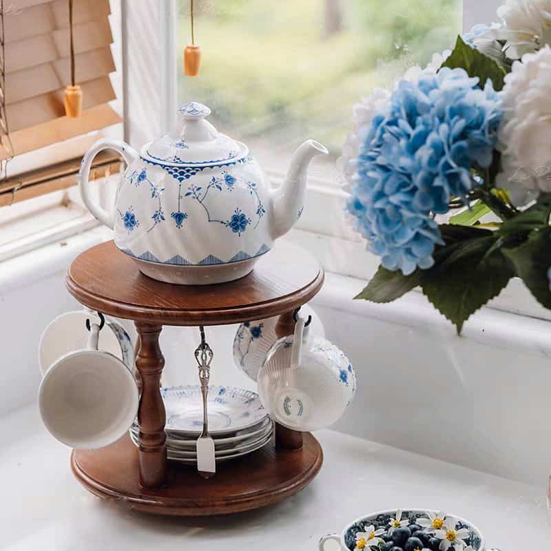 حامل شاي دوار خشب صلب دورين يحمل ابريق واكواب وصحون بتصميم فرنسي