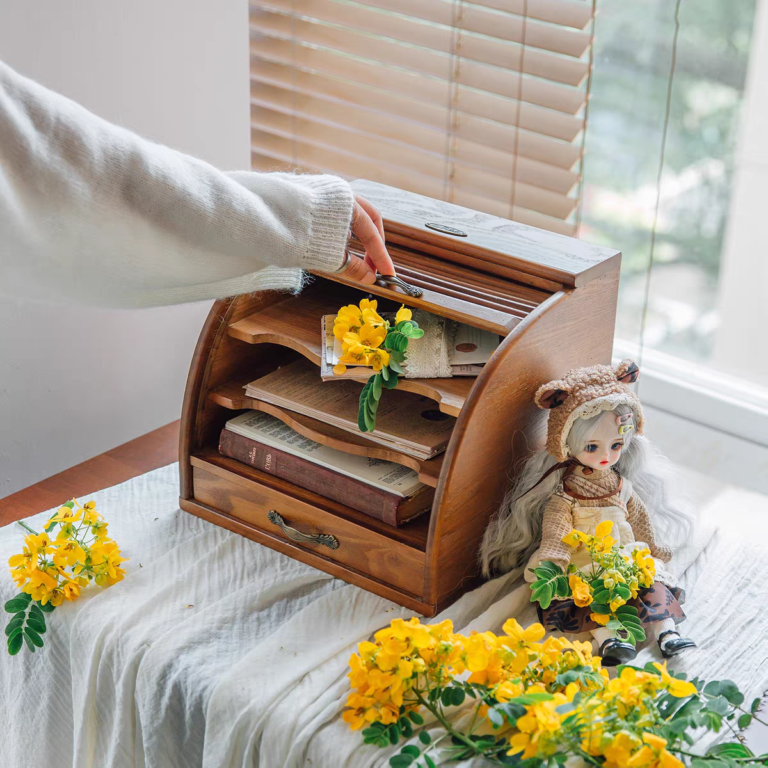 صندوق تنظيم ملفات خشبي فنتج مع ارفف متدرجة ودرج للمكتب والاوراق