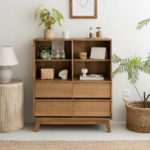 دولاب خشب طبيعي 4 رفوف مفتوحة و 4 ادراج تخزين لغرفة المعيشة