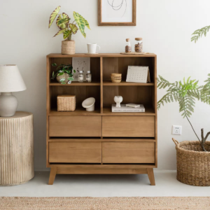دولاب خشب طبيعي 4 رفوف مفتوحة و 4 ادراج تخزين لغرفة المعيشة