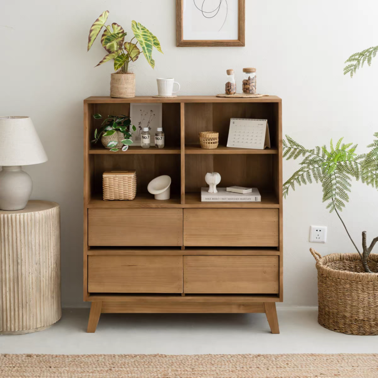 دولاب خشب طبيعي 4 رفوف مفتوحة و 4 ادراج تخزين لغرفة المعيشة
