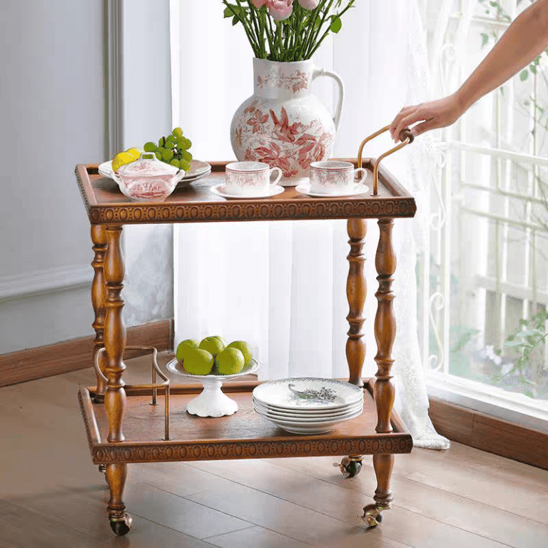 عربة تقديم ترولي خشب طبيعي كلاسيك بارجل مخرطة للشاي والقهوة