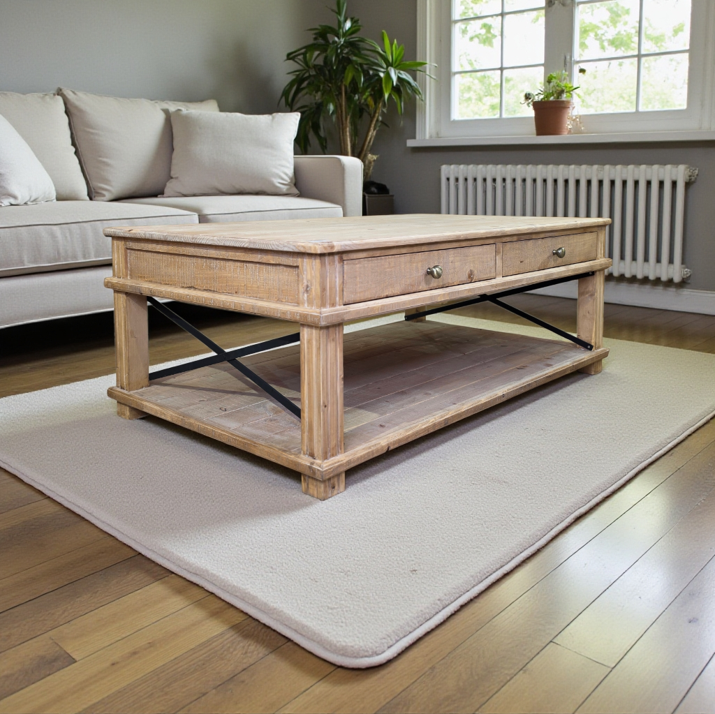 طاولة وسط خشب طبيعي مع 4 ادراج تخزين ورف سفلي ودعامات حديد سوداء للمجالس